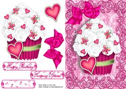 Hot Pink Cupcake with Flowers & Butterflies