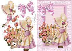 Little Girl in Cream and Dark Pink Bonnet