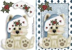 Cute Cream Puppy with Pale Blue Santa Hat