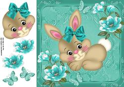 Cute Brown Bunny with Aqua Bow 8x8
