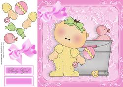 Baby Girl in a Bucket with Rattle & Duck 8x8