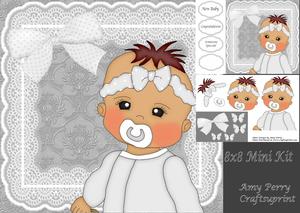 Brown Hair New Baby in White Baby Grow 8x8 Mini Kit