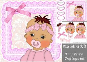 Brown Hair Baby Girl in Pink Baby Grow 8x8 Mini Kit