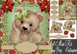 Gorgeous Fuzzy Brown Bear with Green Bow 8x8 Mini Kit
