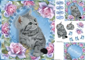 Beautiful Pink & Blue Roses with Kitten 8x8 Mini Kit