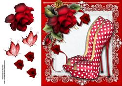 Beautiful Red Polka Dot Shoe with Red Roses 8x8