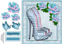 Beautiful Blue Polka Dot Shoe with Blue Rose 8x8