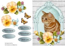 Cute Ginger Cat with Yellow Pansys