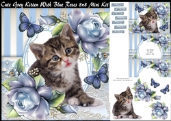 Cute Grey Kitten With Blue Roses 8x8 Mini Kit