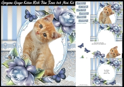 Gorgeous Ginger Kitten With Blue Roses 8x8 Mini Kit