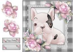 Cute French Bull Dog With Pink Roses 8x8