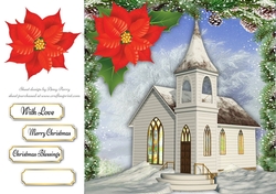 Beautiful Christmas Church With Red Poinsettia 8x8