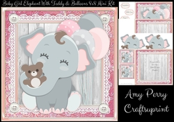 Baby Girl Elephant With Teddy & Balloons Blue 8x8 Mini Kit