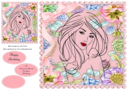 Beautiful Lady With Pink Flowers 8x8