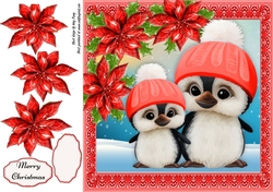 Gorgeous Two Penguins In Bobble Hats With Red Poinsettias 8x8