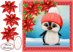Gorgeous Penguin In A Bobble Hat With Red Poinsettias 8x8