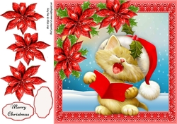 Gorgeous Cat Singing With Red Poinsettias 8x8