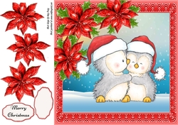 Gorgeous Penguins With Red Poinsettias 8x8