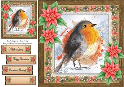 Gorgeous Festive Robin With Red Flowers 8x8