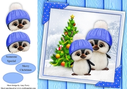 Gorgeous Penguins In Blue Bobble Hats  8x8