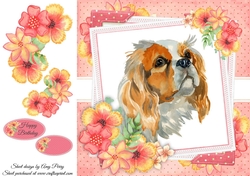 Adorable Cavalier With Corner Flowers 8x8