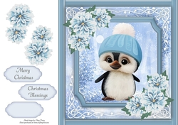Gorgeous Penguin In a bobble hat With Blue Festive Flowers 8x8