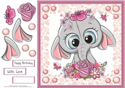 Gorgeous Pink Elephant with flowers 8x8
