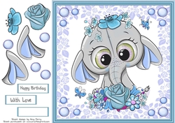 Gorgeous Blue Elephant with flowers 8x8
