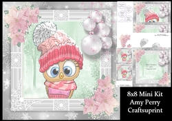 Beautiful Owl in a bobble hat with pink Christmas flowers 8x8 Mini Kit