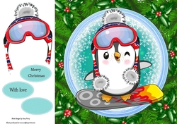 Gorgeous Penguin On A Snowboard In Holly Frame 8x8