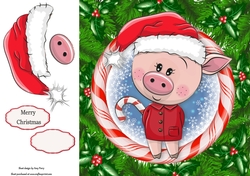 Pig With Santa Hat In Candy Cane Frame 8x8