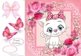 Gorgeous White Kitten In Pink Roses 8x8
