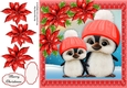 Gorgeous Two Penguins In Bobble Hats With Red Poinsettias 8x8
