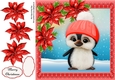 Gorgeous Penguin In A Bobble Hat With Red Poinsettias 8x8