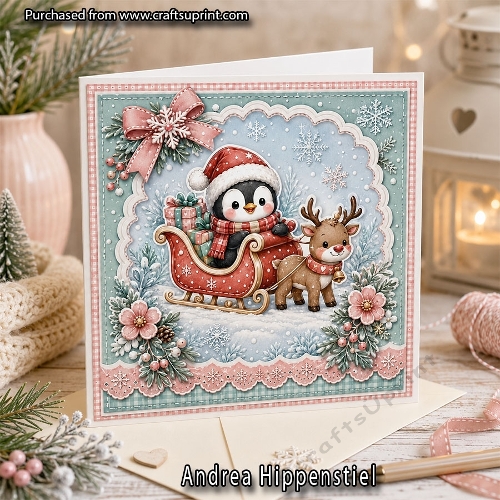 Penguin And Friends Christmas Winter Card Rendeer