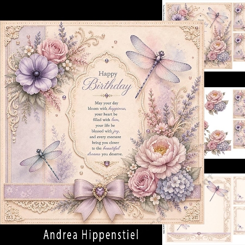 Vintage Blush Birthday Wishes – Anemones, Hydrangeas & Dragonflies