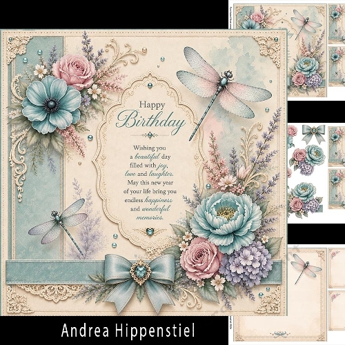 Vintage Blush Birthday Wishes – Anemones, Hydrangeas & Dragonflies Blue