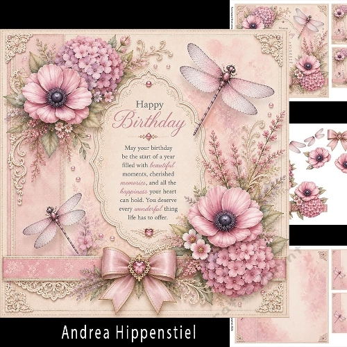 Vintage Blush Birthday Wishes – Anemones, Hydrangeas & Dragonflies Soft Pink