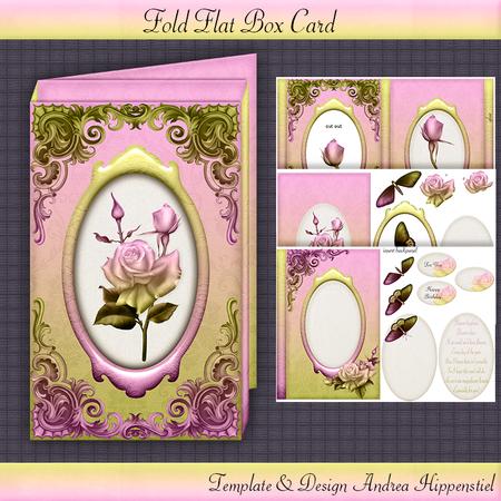 Fold Flat Box Card Rose Green Pink