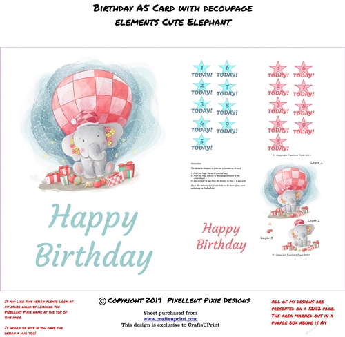 Birthday A5 Card with decoupage elements Cute Elephant