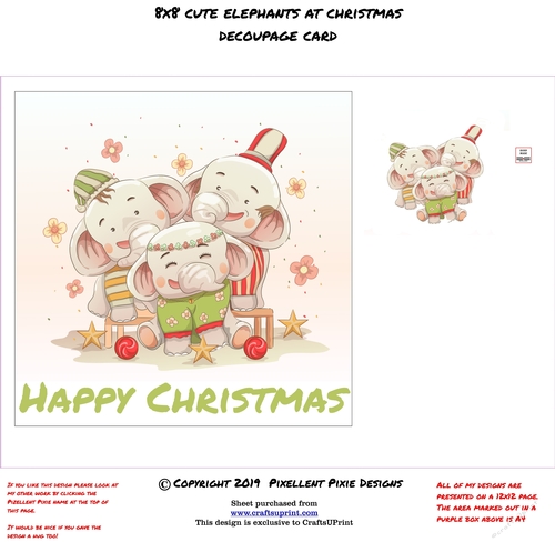 Christmas 8x8 decoupage Card Cute Elephants at Christmas