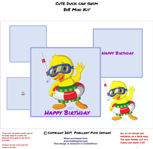 8x8 Birthday Card Cute Duck Can Swim