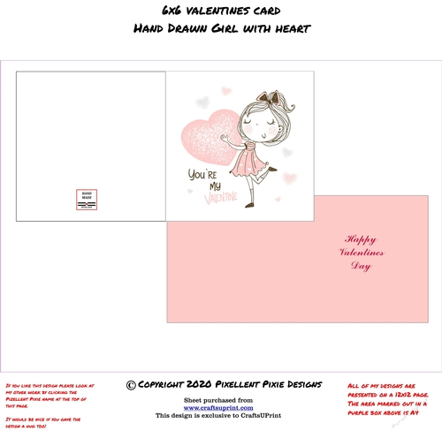 6x6 Valentines Card Hand Drawn Girl With Heart