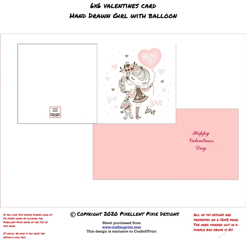 6x6 Valentines Card Hand Drawn Girl With Balloons