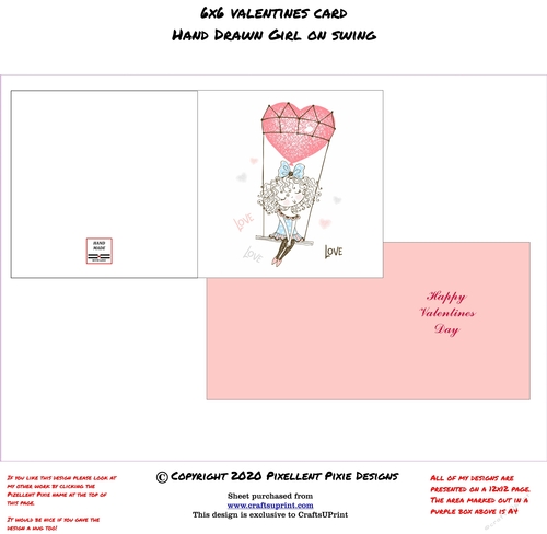 6x6 Valentines Card Hand Drawn Girl On Swing