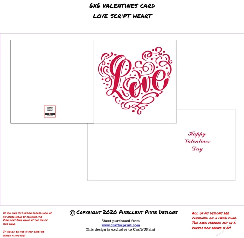 6x6 Valentines Card Love Script Heart