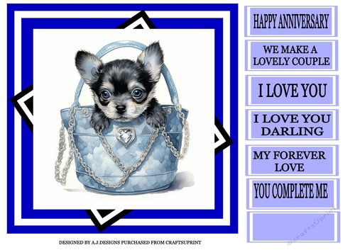 HAPPY ANNIVERSARY DOG IN A HANDBAG BLUE