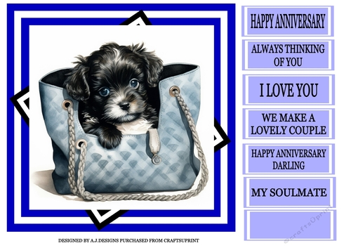 HAPPY ANNIVERSARY DOG IN A HANDBAG BLUE