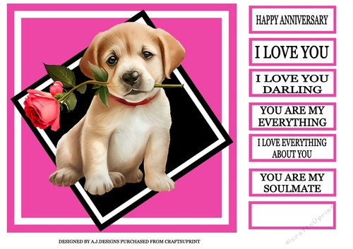 HAPPY ANNIVERSARY DOG WITH ROSE PINK
