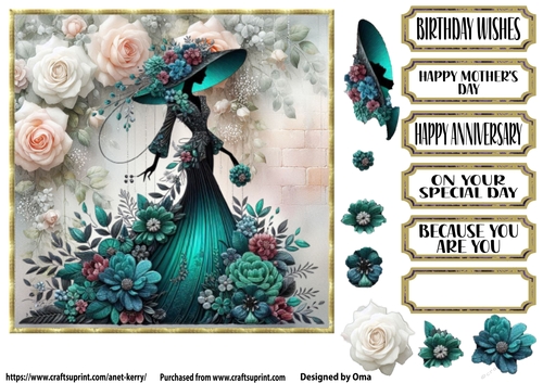 She wears flowers, teal